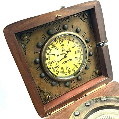 TGA Wooden Desk Clock Compass Collectible Wood Box Gift