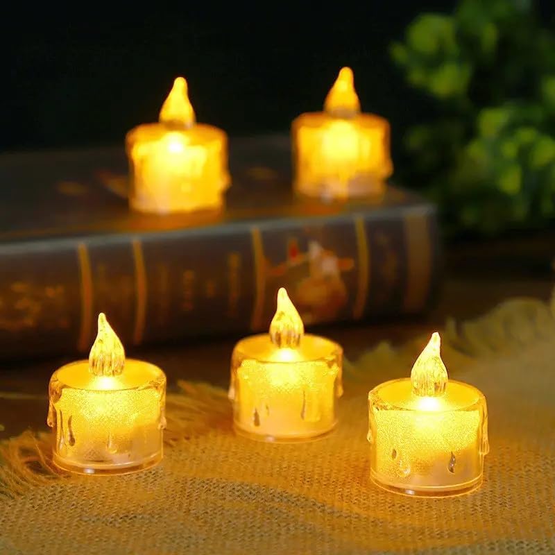 SWADEC 24 Pcs Flameless and Smokeless Decorative Crystal Candles Transparent Acrylic Led Tea Light Candle for Christmas Decoration (24 Pieces, Yellow, 5 cm)