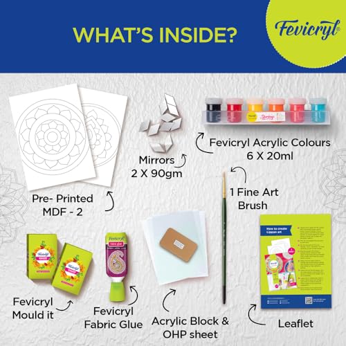 Fevicryl Lippan Art Kit: Complete DIY Set, Includes Wooden Boards, Acrylic Paints, Mirror Packets, Brushes, OHP Sheets, Mouldit, and Glue! Ideal for hobbyists, Boys, Girls Above 14+