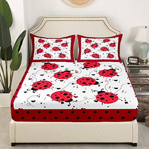 Red Ladybug Sheet Set Twin Size Cartoon Ladybugs Bed Sheets for Kids Child,Cute Ladybird Reptile Fitted Sheet Beetles Bugs Pattern Top Sheet Chic Nature Art Lady Beetle Wild Animal Room Decor