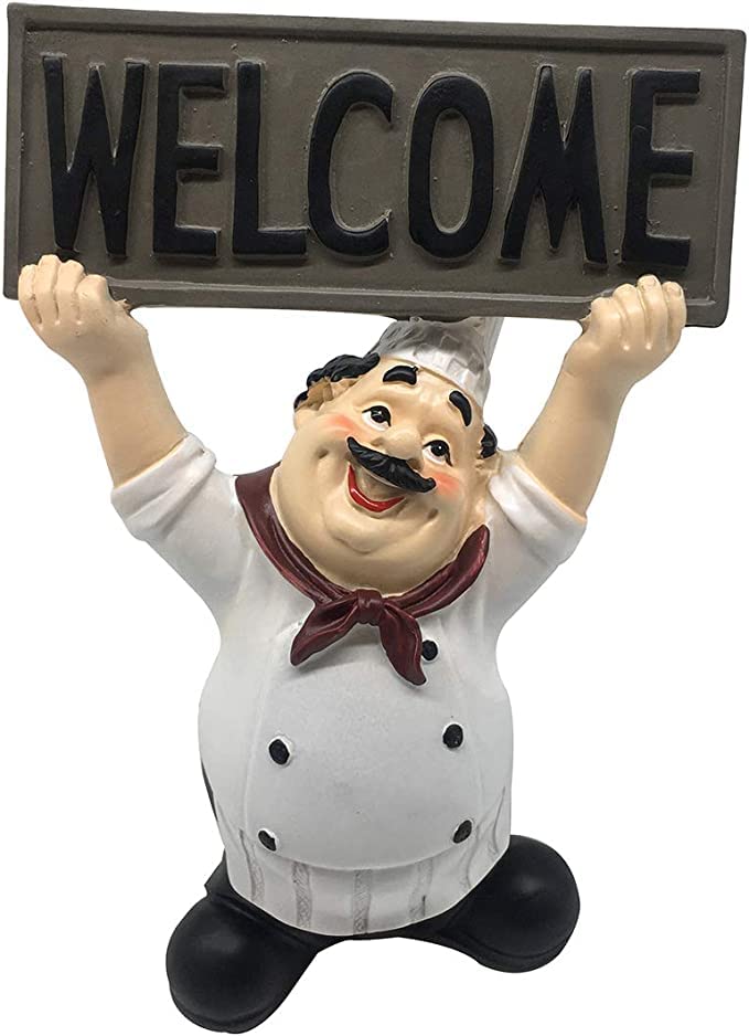 UNIVERSE LIGHTS Polyresin Italian Chef Figurines Decor with Welcome Sign Board Plaque, 8x5 Inch, White, Red