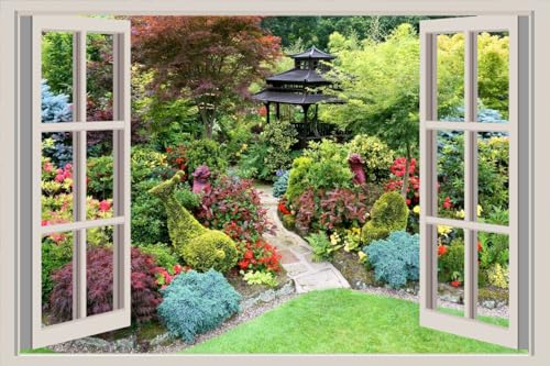 JVERF - JZZA21599 Gardens Shrubs Trees| Self-Adhesive Open Window Wall Sticker