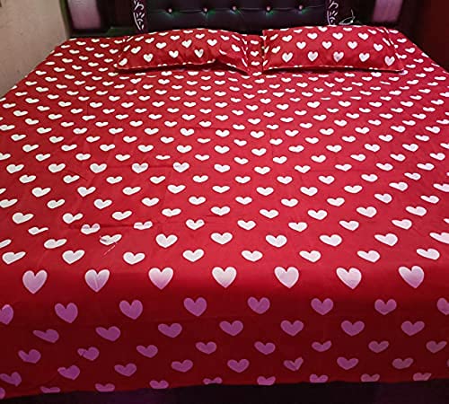 Home Trade Ashok Enterprises Designer 3D Love Heart Printed Polycotton Double Size Cotton Bedsheet with 2 Pillow Cover for Bedroom/Living Room (Red)