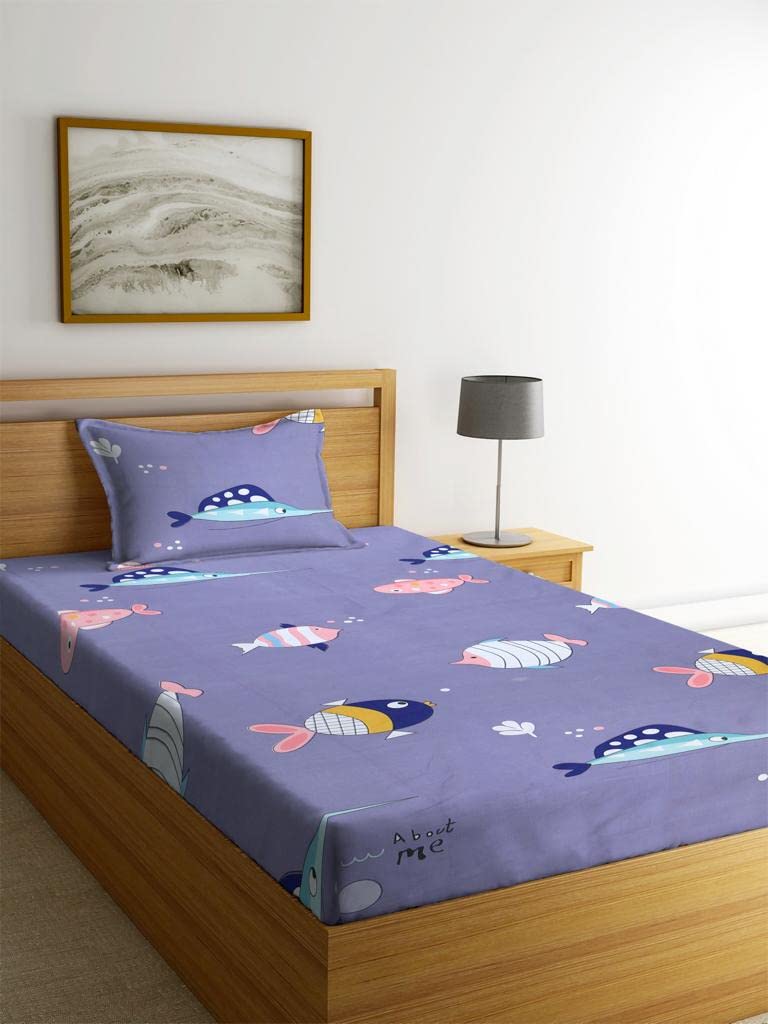 NEW LEAF Cotton Feel Soft and Smooth Cartoon Printed 2 Single Bedsheets Special for Kids or Your Baby with 2 Matching Pillow Covers (Space & Ranbow, Multicolour)