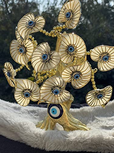 Blue Beads Golden Betel Leaves With Evil Eye Lucky Tree, Turkish Blue Evil Eyes Amulet Metal Table Centerpiece Ornament For Home Office Decor Protection Gift