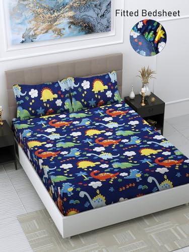 FABINALIV Blue Cartoon Print Cotton Blend 300 TC Premium King Size Bedsheet for Double Bed (250 x 225 CM) with 2 Pillow Covers Set (70 x 45 CM) | Designer Printed Double Bedsheet Set (FLEBS-1211-Blue)