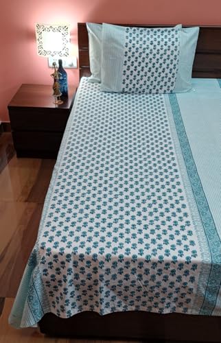 CHHAP Home Collection Hand Block Printed King Size Cotton Bedsheet(108"*100) with Two Pillow Cover,Blue Horizon Buties in Blue and White Colour