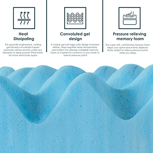 Treaton, 2-Inch Premium Convoluted Gel Memory Foam Toppers for Enhanced Comfort and Support, Queen, Blue