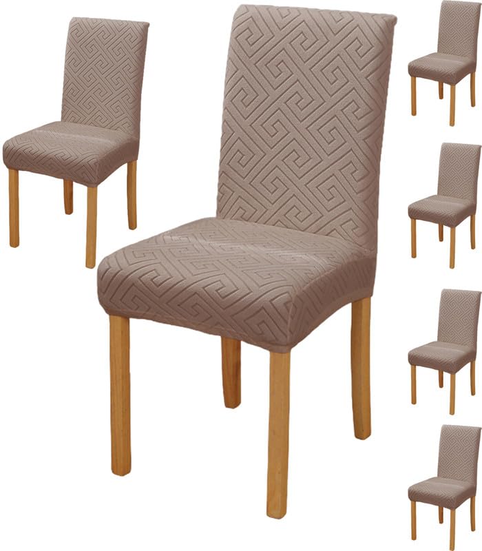 Styleys Elastic Chair Cover Stretch Removable Washable Jacquard Dining Chair Cover Protector Seat Slipcover (Pack of 6, Taupe, JCMC20)