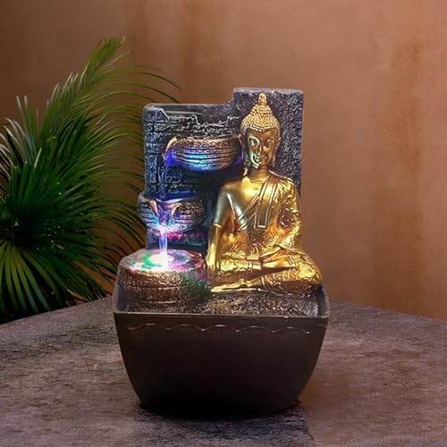 SPLICE Resin Lord Buddha Tabletop Waterfall Fountain with LED Light - for Home Decor Accent