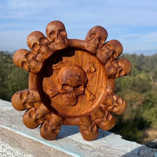 Handcrafted Premium Wooden Skull Ashtray, 18 x 18 cm, Gothic Design with 13 Carved Skulls, 4 Holders