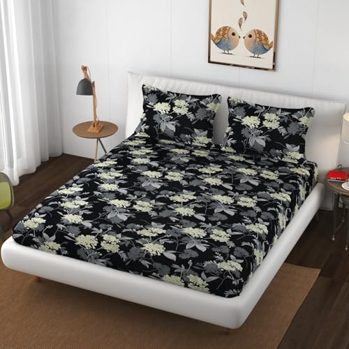 VAINE Premium Heavy Cotton Flat Bedsheets with 2 King Size Pillow Covers || Double Bed 350 TC || 90 x 100 Inch King Size Flat ||- Black-Cream Flower