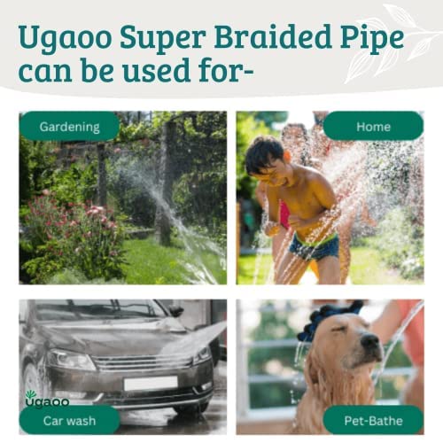 UGAOO Super Braided Green Water Hose PVC Pipe With Water Tap Adapter & 2 Clamps For Home Gardening,Cleaning, Outdoor-Indoor Use (Diameter: 0.5 Inch, Length: 10 Meters)