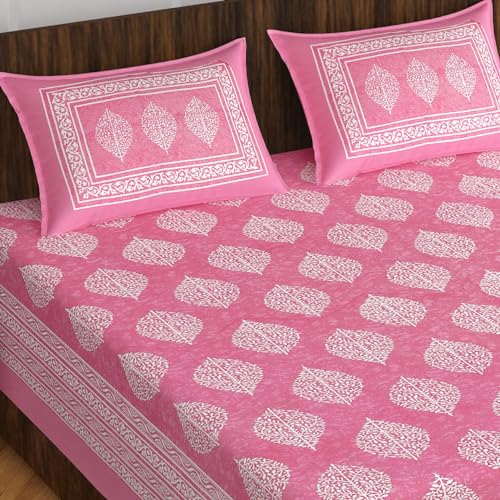 BedZone 100% Cotton Rajasthani Jaipuri Traditional Floral King Size Double Bedsheet with 2 Pillow Covers - Pink Batik