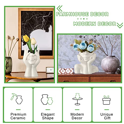 3 Pcs Ceramic Face Vase Female Form Vase Modern Body Vase Decorative Head Vase Head Half Body Bust Vases Face Flower Vases for Decor Centerpiece Home Bedroom Room Table Shelf Office (White, Large)
