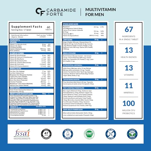 Carbamide Forte Multivitamin for Men(60 Veg Tablets), Immunity & Energy with 67 Ingredients |Multi Vitamins, Minerals, Probiotics, Superfoods, Fruits & Vegetable Blend–