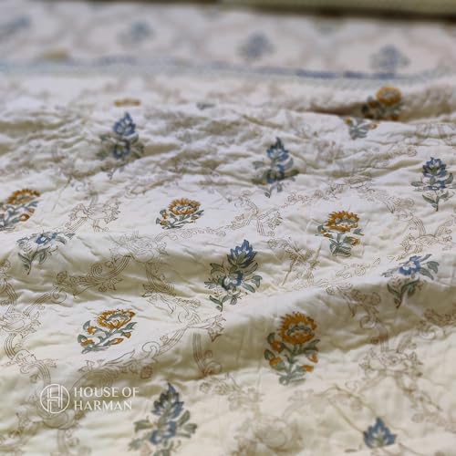 House of Harman Hand Quilted Mulmul Cotton Reversible Quilt I Hand Block Printed I Natural Vegetable Dyes (Desert Botanical Bliss Quilt) (Double- 90 * 108 inches)