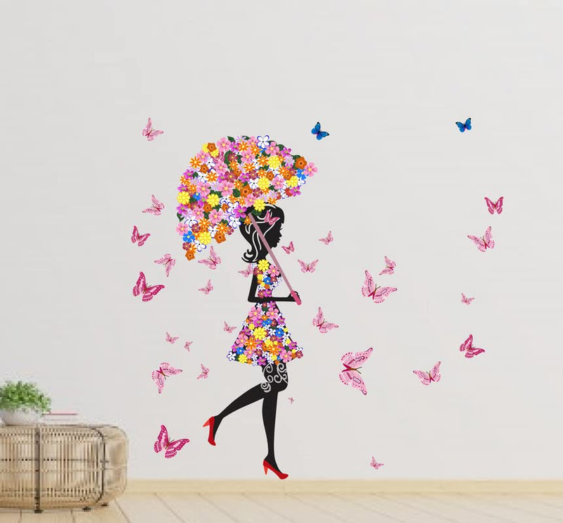 K2A Design Floral Umbrella Girl and Beautifull Butterflies Wall Sticker Multicolor PVC Vinyl 96x99 Cm