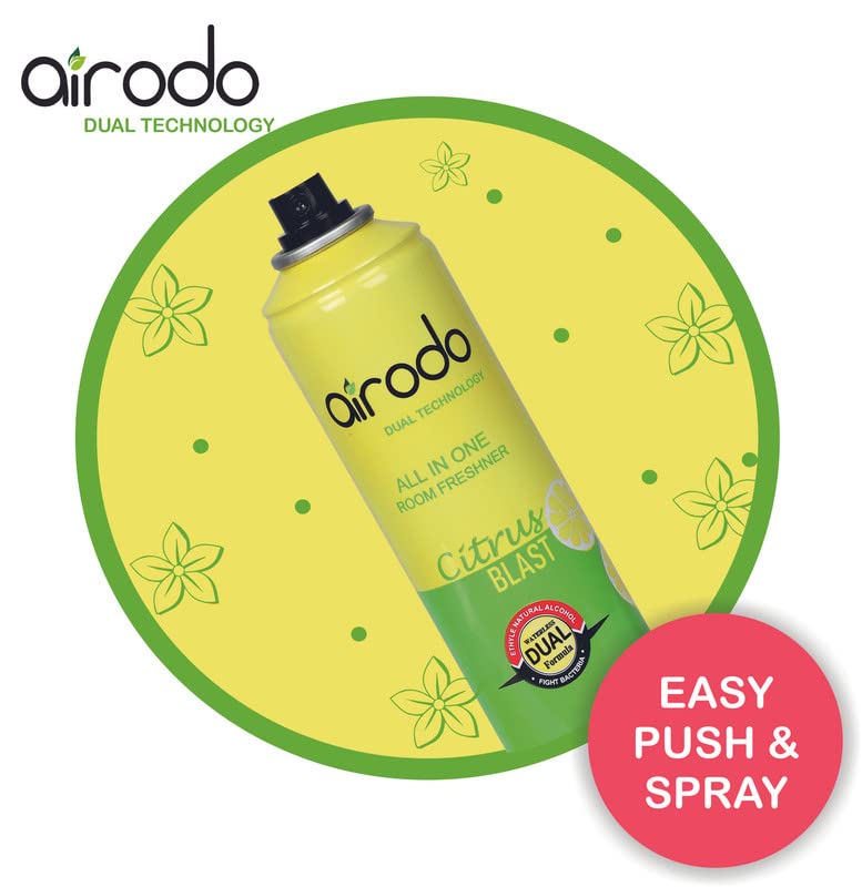 AIRODO Citrus Blast Air Freshener with Dual Technology, Easy Push and Spray, Stain Removal Floral Crush, All in One Room Freshener for Home and Office (250ml, Pack of 1)