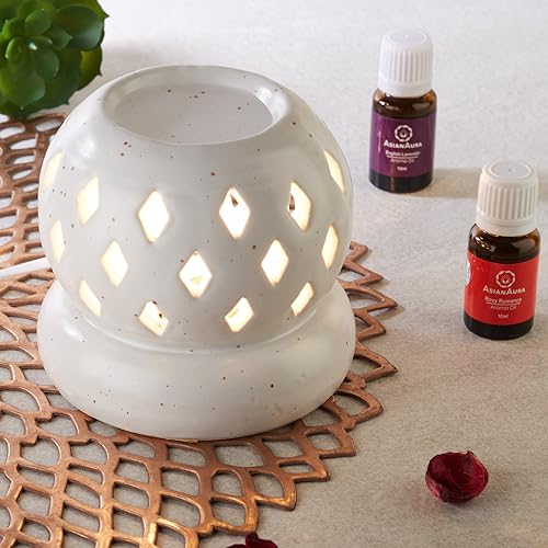 Asian Aura Aroma Diffuser Handcrafted Ceramic Electric Round Shaped Aroma Oil Burner for Home with Aroma Oils (English Lavender & Rosy Romance Fragrance 10ml Each)