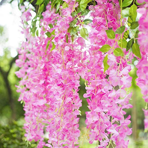 WELL ART GALLERY 6 Pack 3.75 Feet/Piece Artificial Fake Wisteria Vine Ratta Hanging Garland Silk Flowers String Home Party Wedding Decor (6PCS- Large Wisteria) (Pink, 12)