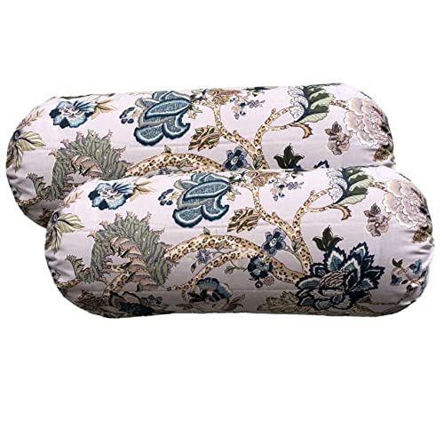 Trance Home Linen 100% Cotton Bolster Cover Set | 16x32 Inches | 120 TC | Dewan Round Pillow Covers Only | Bed Side Long Pillow Case | Soft and Comes with Adjustable tie - (Floral Grey - Set of 2)