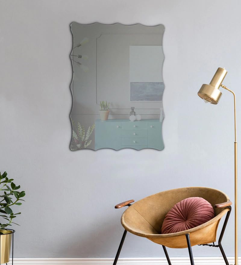 Venetian Design Extra Clear Curly Frills Rectangular Frameless Wall Mirror | 24 x 18 Inches | Mirror for Bathrooms