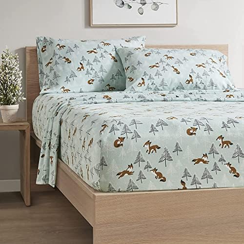 Comfort Spaces Cotton Flannel Breathable Warm Deep Pocket Sheets with Pillow Case Bedding, Full, Seafoam Foxes 6 Piece