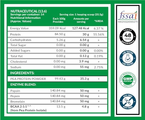 Carbamide Forte Pea Protein Isolate 30g per serving | Vegan Plant Protein Powder Isolate with 4.8g BCAA | 100% Pure Unflavoured Plant Pea Protein Powder - 500g