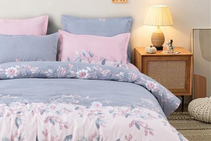 THE DIVINE Glace Cotton King Size All Around Elastic Fitted Double Bedsheet 72''x78'' Inch + 8 Inch (Drop) with 2 Pillow Covers (Pink) 200-250 TC_1(VA) FTD.DB,PinkBlueFlower_22-Pink