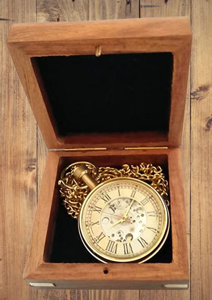 volin Wooden Box Clock Pocket Watch with Chain and Wooden Box Hand-Winding Pocket Watch Brass and Made in India See Through Movement,