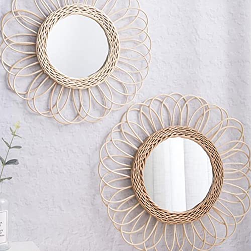 CALANDIS® Rattan Round Makeup Mirror Bathroom Wall Hanging Mirror Art Bedroom Decors Inner Dia 17cm