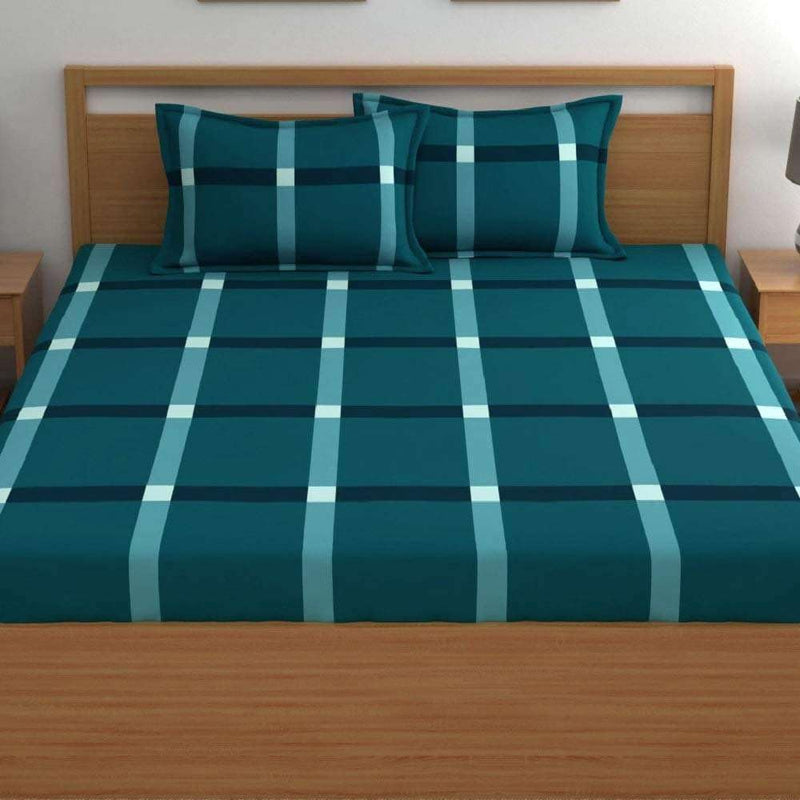 Premium Cotton All Around Elastic Fitted Double Bed Bedsheet (72” x 78”) with 2 Pillow Covers (16" x 26") (BS2 (B) Green Box)