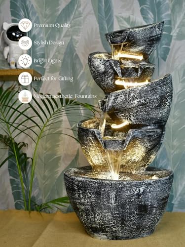 Sowpeace Multi-Bowl Stone Water Fountain – Cascading Waterfall Feature showpiece, Set of 1 Premium Resin Made Table Top Home Decor for Living Room and Gifting(35 cm,Grey)