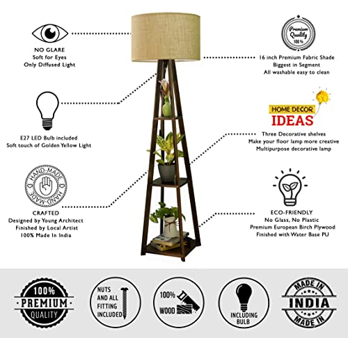 Crosscut Furniture Wooden Floor Lamp with Shelf in Dark Finish (Natural Jute) LED