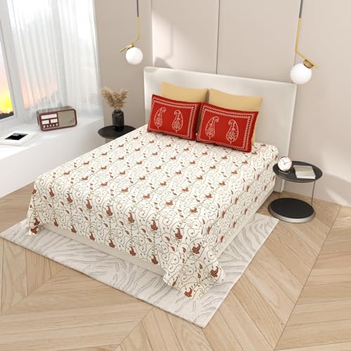 Qfab Cotton Floral Printed Double Bedsheet with 2 Pillows Covers Bedsheet (White)