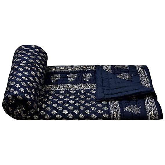 fashhub World Famous Jaipuri Light Weight Pure Cotton Traditional Rajasthani Print White Colour Double Bed Quilt/Razai/Rajai (Blue Dai Gold, Double)