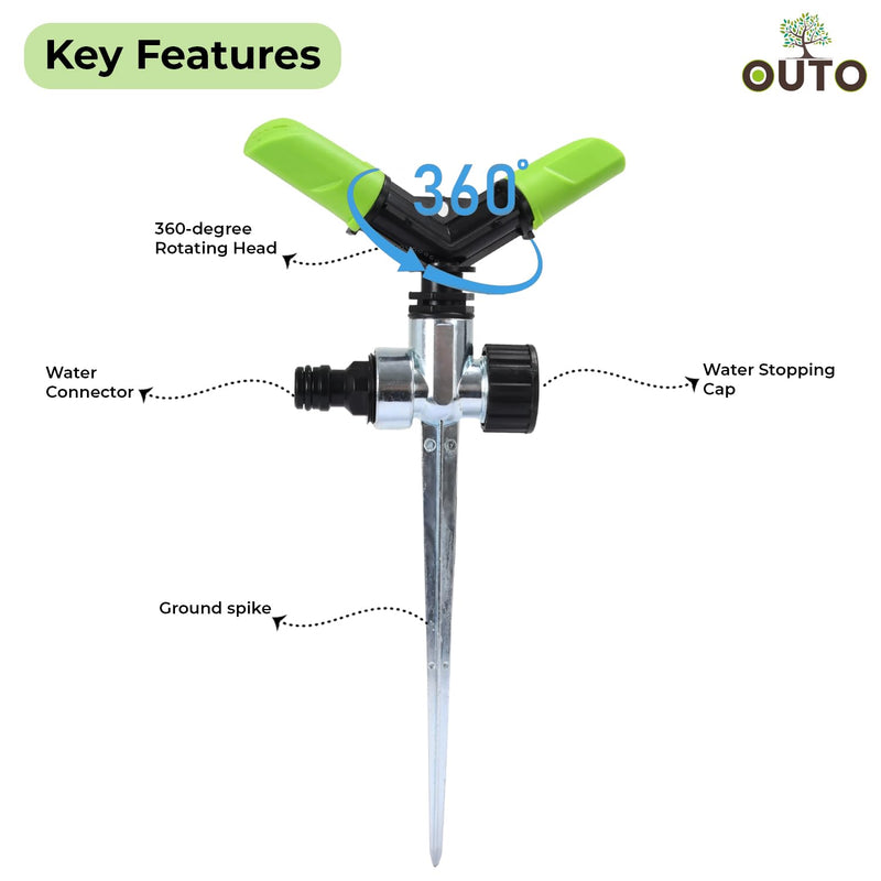 OUTO Automatic Garden Sprinkler with Spike 360 Degree Rotating Adjustable 2 Arm Water Sprayer for Watering Plants Outdoor Lawn Yard Irrigation System