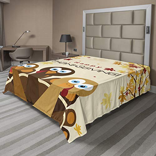 Ambesonne Turkey Flat Sheet, Happy Thanksgiving Falling Leaves and Poultry Birds Harvest Time Celebration, Soft Comfortable Top Sheet Decorative Bedding 1 Piece, King Size, Brown Beige