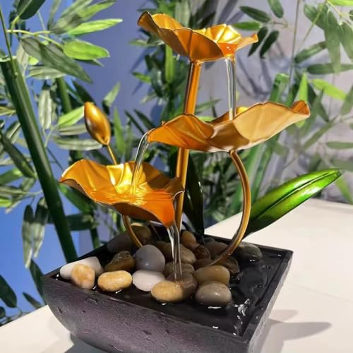 ANIDRA Tabletop Fountain Metal Lotus Circulating Fountain Water Feature for Zen Home Decor Warm Yellow Scene Light