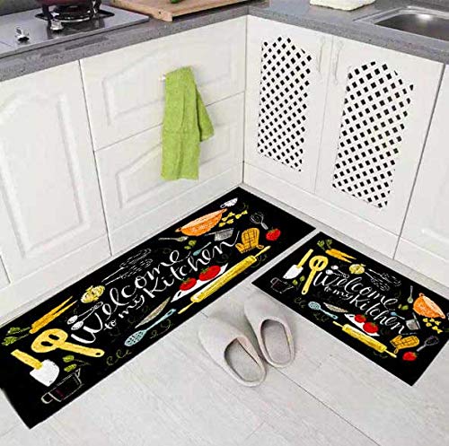 helvetica Shree JEE Home Decor Microfiber Ultra Thin Washable Anti Skid Latex Backing Kitchen Floor - 18 X 54 Inch Runner, 17X 25 Inch Mats - Set of 2 (Black Kitchen)