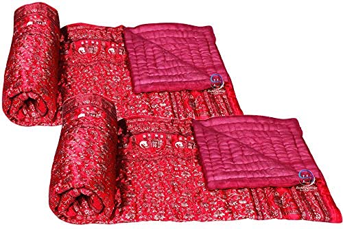 LushHavenDecor Jaipuri World Famous Light Weight Silk Traditional Rajasthani Gold Print Red Colour Single Bed Quilt/Razai/Rajai Set of 2