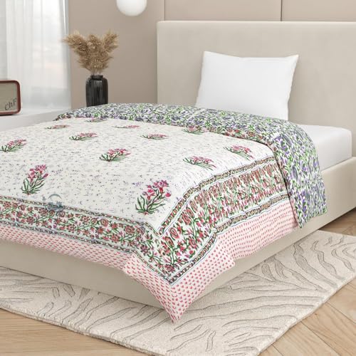 AARMOZY Pure Cotton Jaipuri Razai Double Bed Hand Block Floral Print Quilt Blanket - Purpal/Green (Double Bed B) (90X108INCHES)