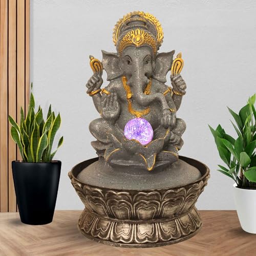 Art N Hub Lord Ganesha Tabletop Waterfall Fountain Decorative Gift Items for Home and Office with Crystall Ball LED Light | Home Inauguration Gift Items (27 x 27 x 40 CM | Dotted Grey Golden)