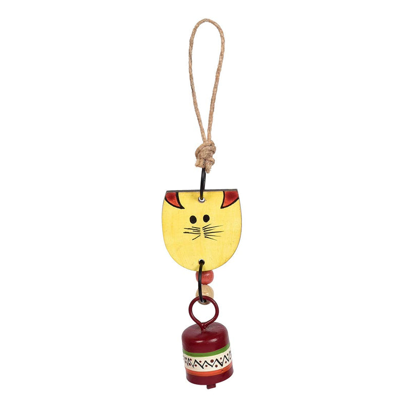 Aakriti Art Creations Handpainted Yellow Wild Cat Wind Chimes with Metal Bell for Outdoor Hanging and Home Decoration