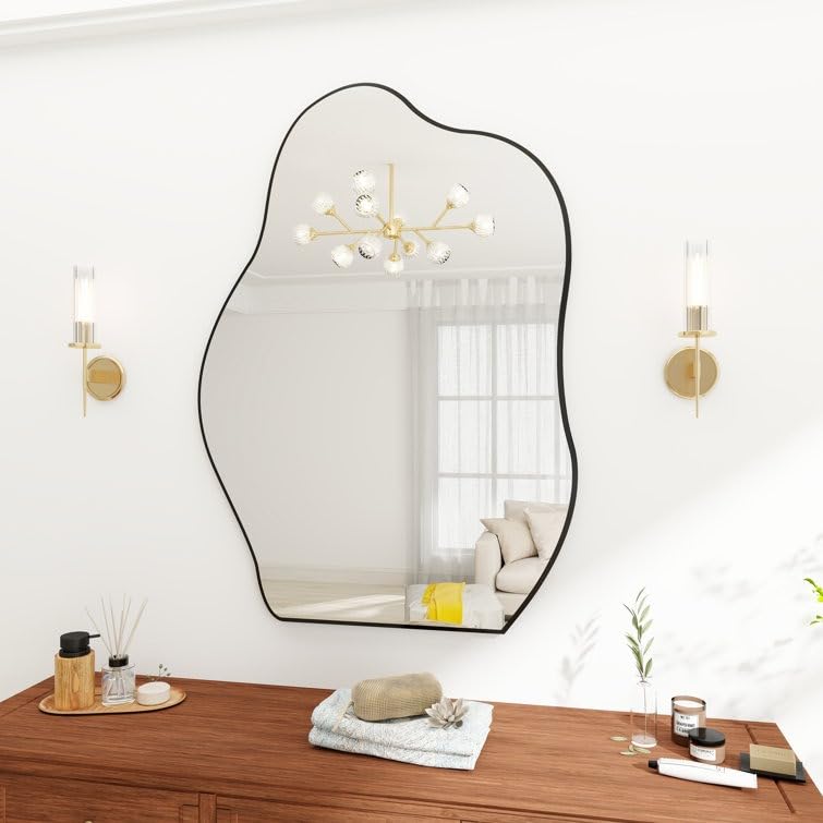 VENETIAN IMAGE Unique Asymmetrical Frameless Wall Mirror Wooden Irregular Shape, Versatile for Living Room, Bedroom, Entrance Hallway Décor (28x20)