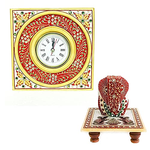 Handicraft Kingdom White Marble Table Clock with Ganesh Chowki | Ethnic Design Gold Painted Handmade Round Beautiful Meenakari Work Plate Watch| Approx Size (6 x 6 Inch) & Wt (600 Gm) Pack of 3