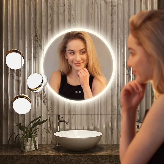 BUNGALOW MERCER Round Energy Saving Copper-Free Silver LED Lighted Bathroom Mirror/Vanity Mirror, Dimmable, Wall Mirror for Bathroom, Bedroom 60CM