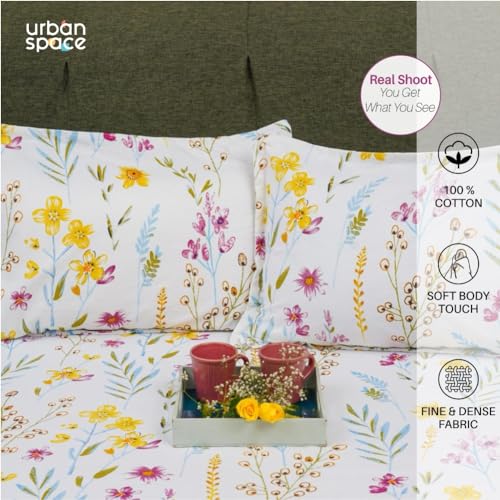 Urban Space Serene 100% Cotton 200 TC Printed Bedsheet for Single Bed with 1 Pillow Cover (Size 58 x 90 inches, France - Yellow)