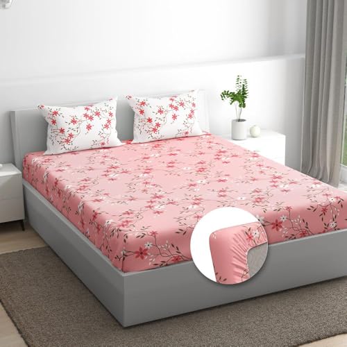 100% Cotton 152 TC Fitted Bedsheet with 2 Pillow Covers | Sakura Queen, 72" x 60", Sakura| 1.83m x 1.52m